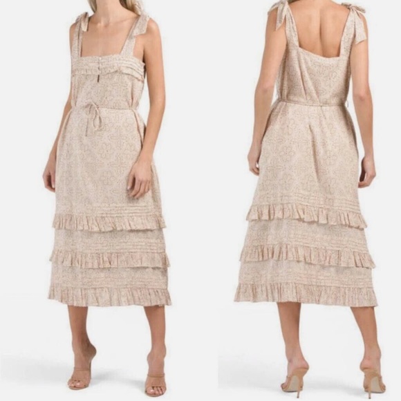 Cleobella Dresses & Skirts - Cleobella Zane Tiered Ruffle Midi Dress Women's Size Large Tie Shoulders